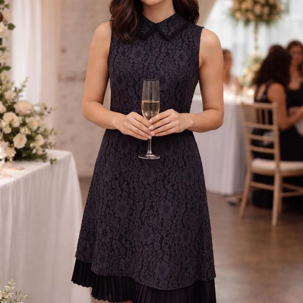 Nanette Lepore Women's Navy Black Dress 14 Pleated Skirt Peter Pan Collar Lace